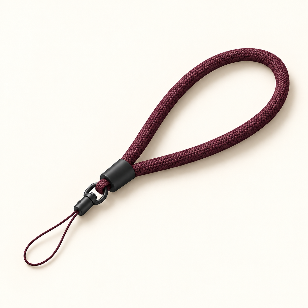 Burgundy mini wrist strap with black clasp — Marblefy illustrative product render.